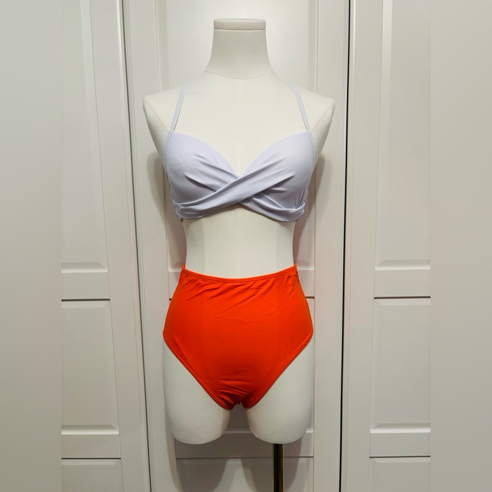 Twist Front White Bikini Top with High-Waist Orange Bottom in Sizes S, M, L